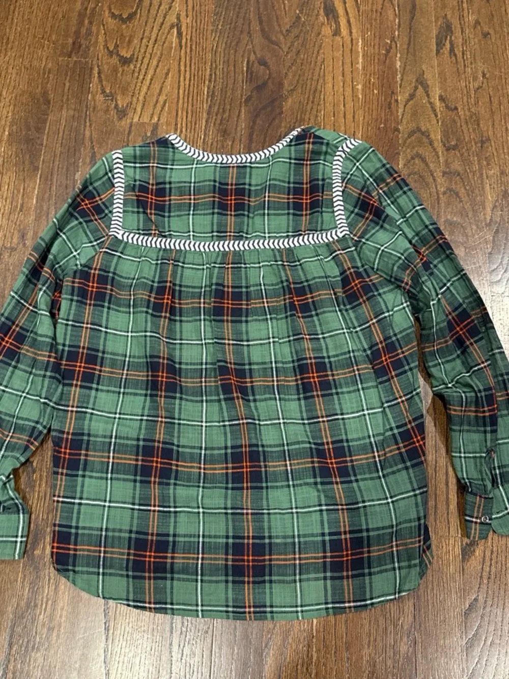 J. Crew Green Plaid Embroidered V-Neck Top